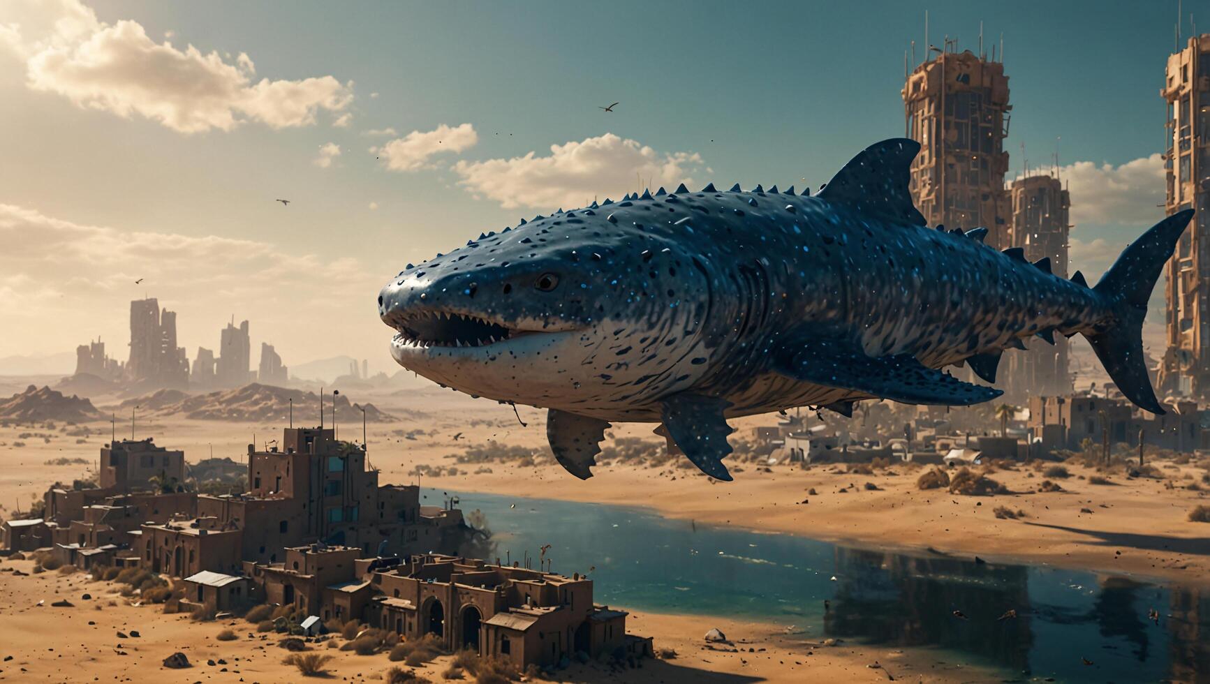 a shark flying over a city with buildings in the background photo