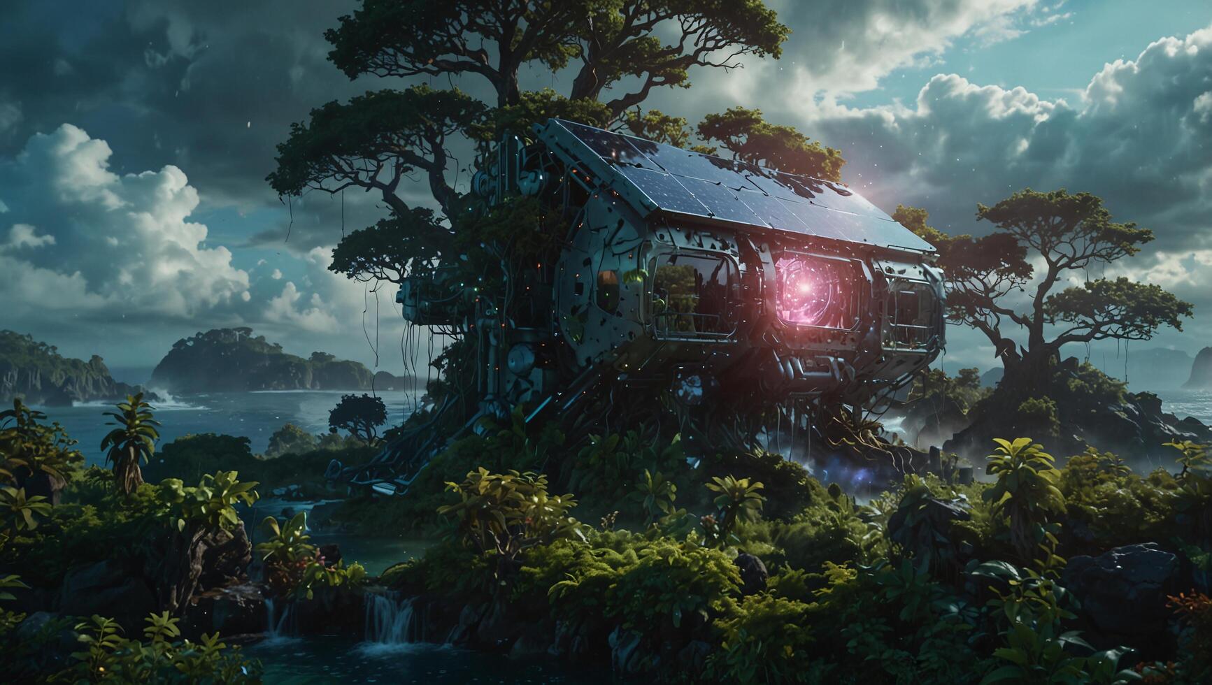 a futuristic house in the middle of a forest photo