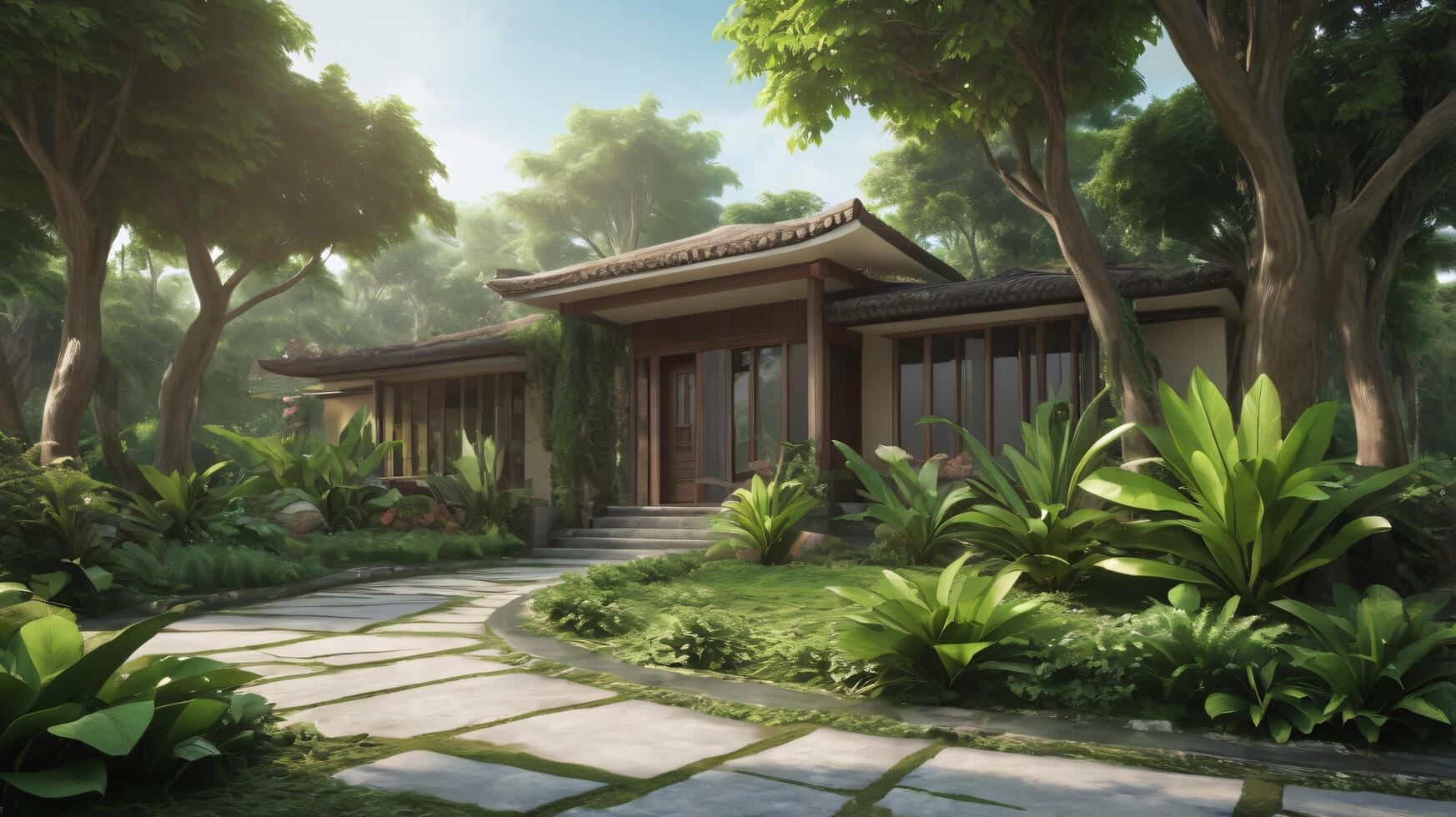 a house in the middle of a lush green forest photo