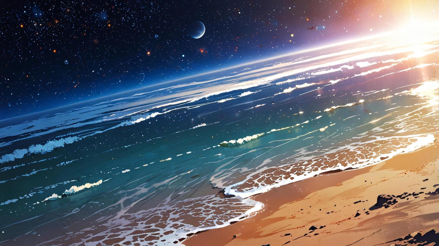 a beach scene with the sun shining over the ocean photo