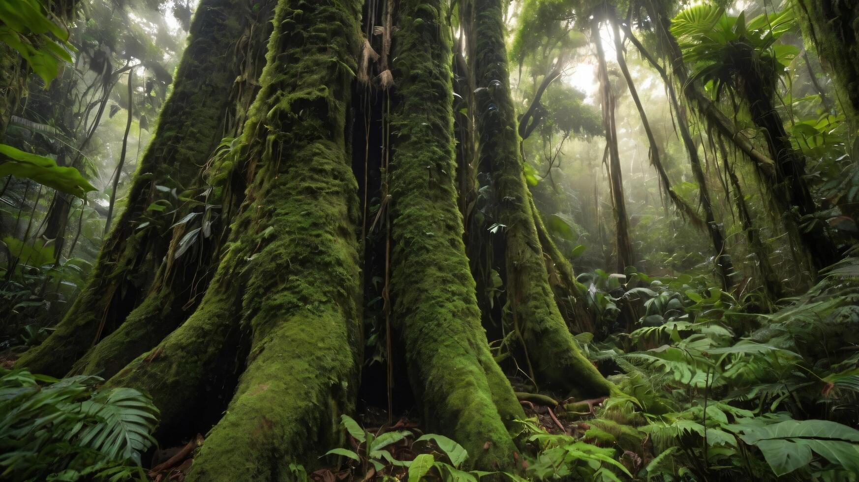 a close up large tree in the middle of a tropical forest photo