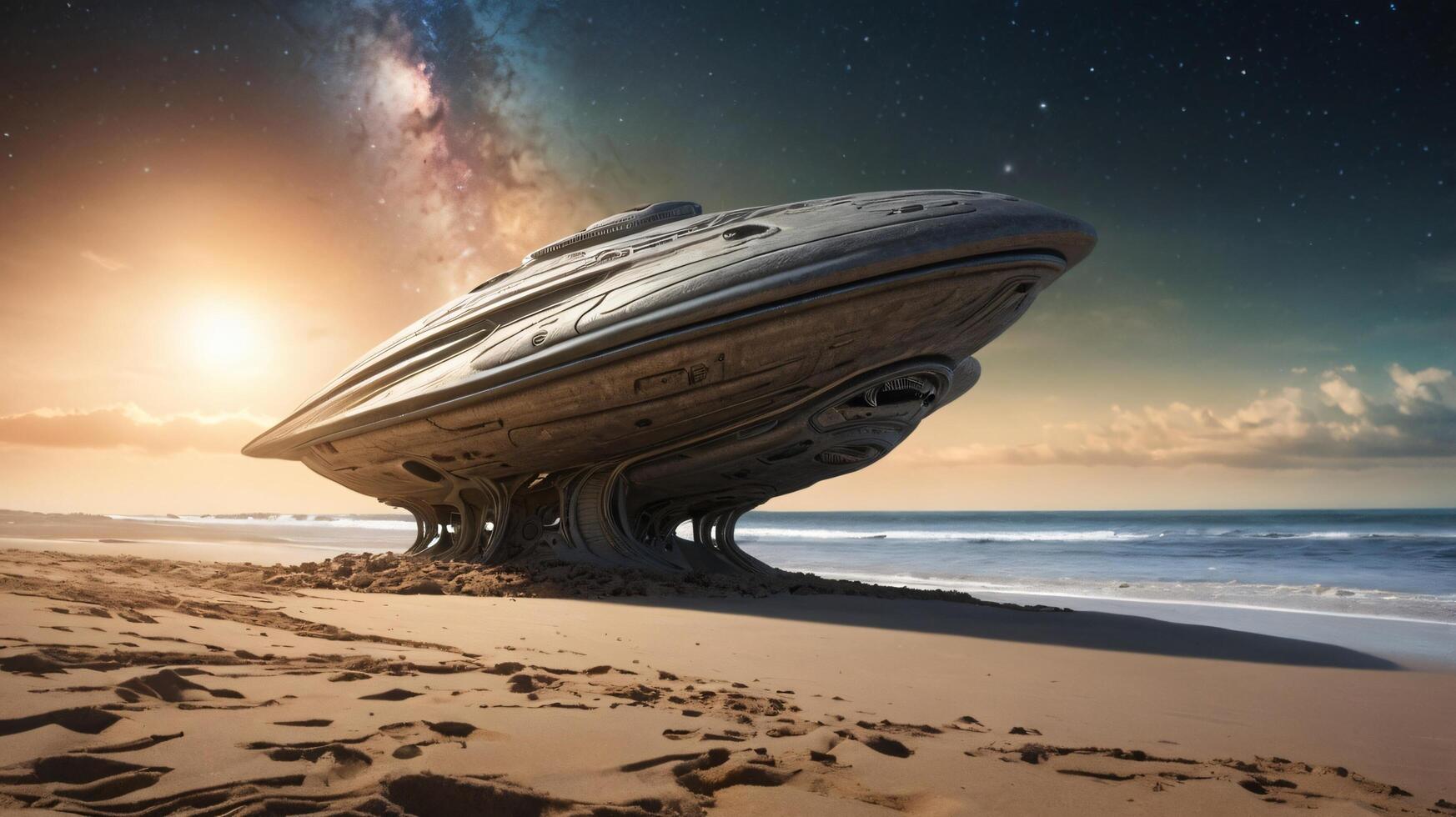 alien spaceship on the beach with a star in the sky photo