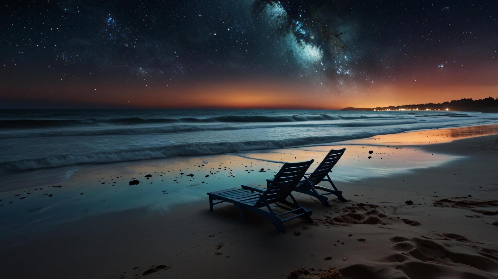 two chairs on the beach with the milky in the sky photo