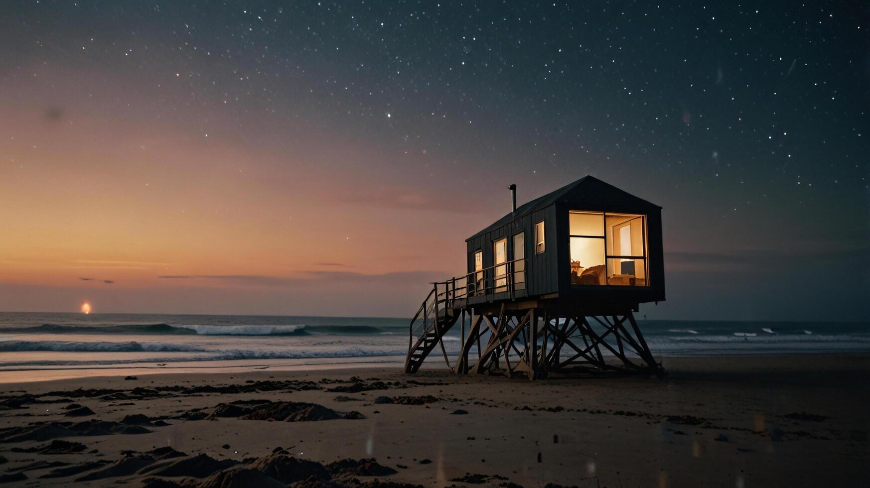 a lifeguard hut sits on the beach at night photo