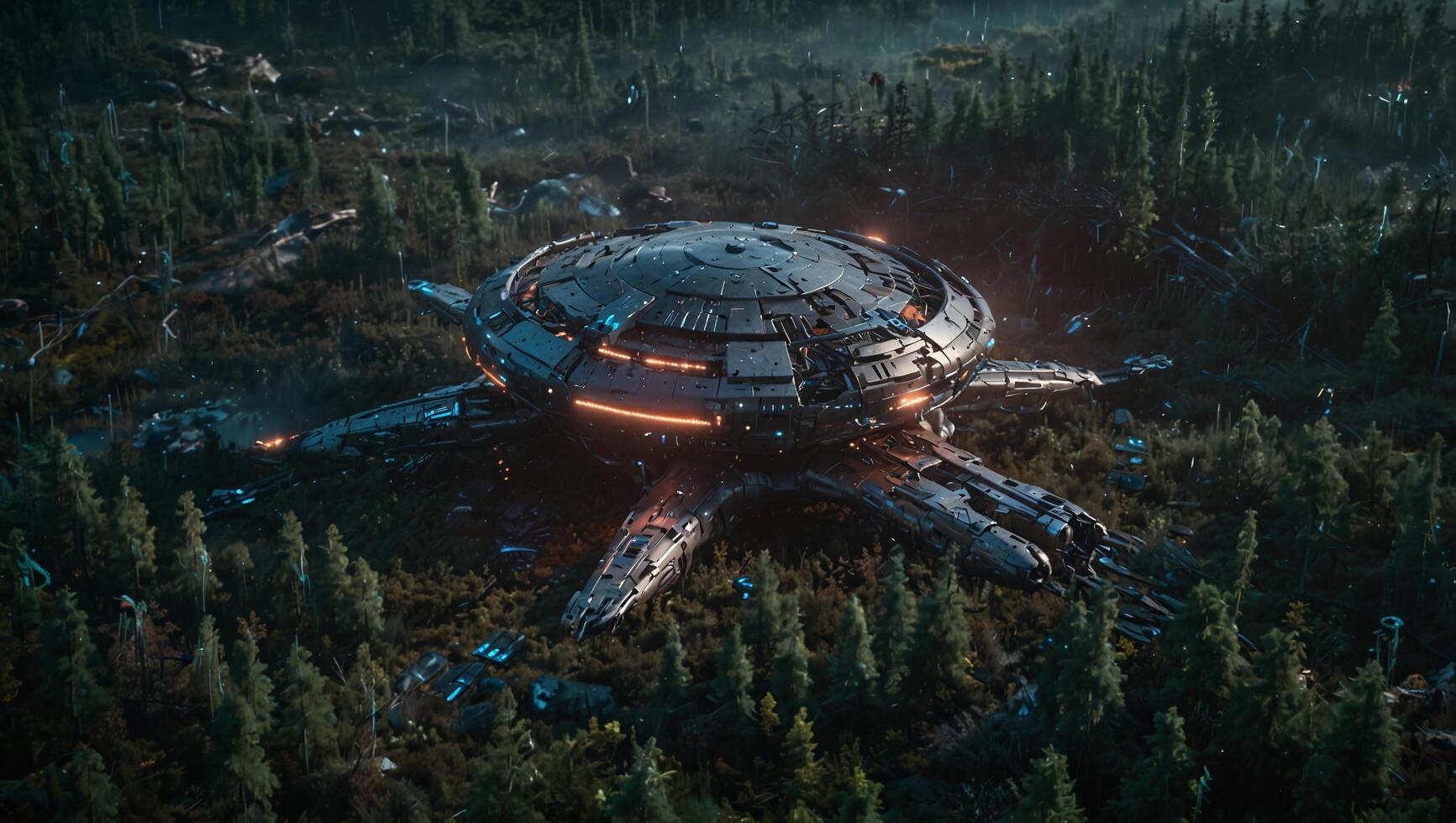 the alien spaceship is in the middle of a forest photo