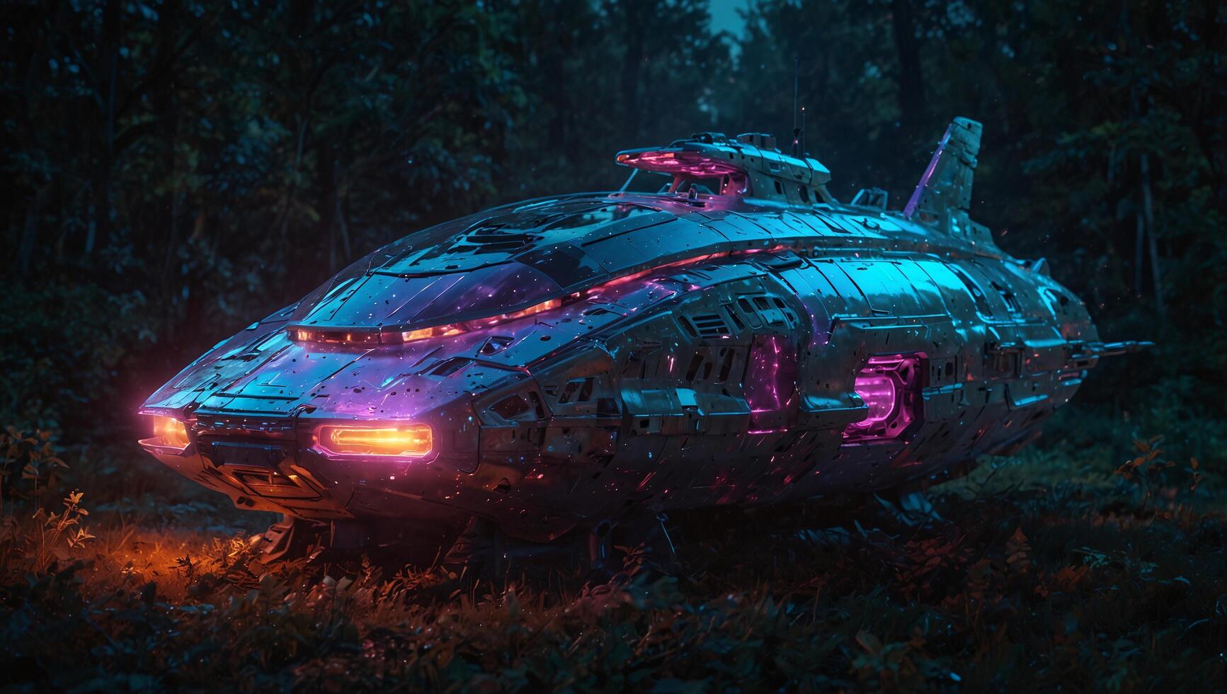 an alien spaceship in the woods at night photo