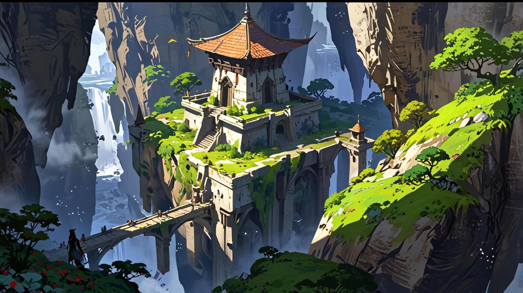 a painting of a castle in the middle of a mountain photo