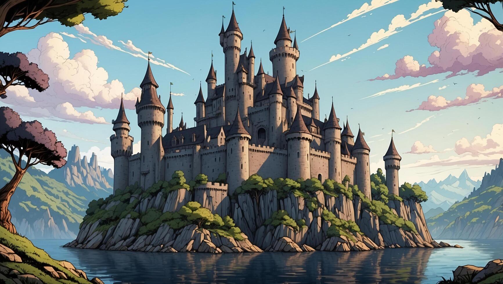 an illustration of a castle on an island photo