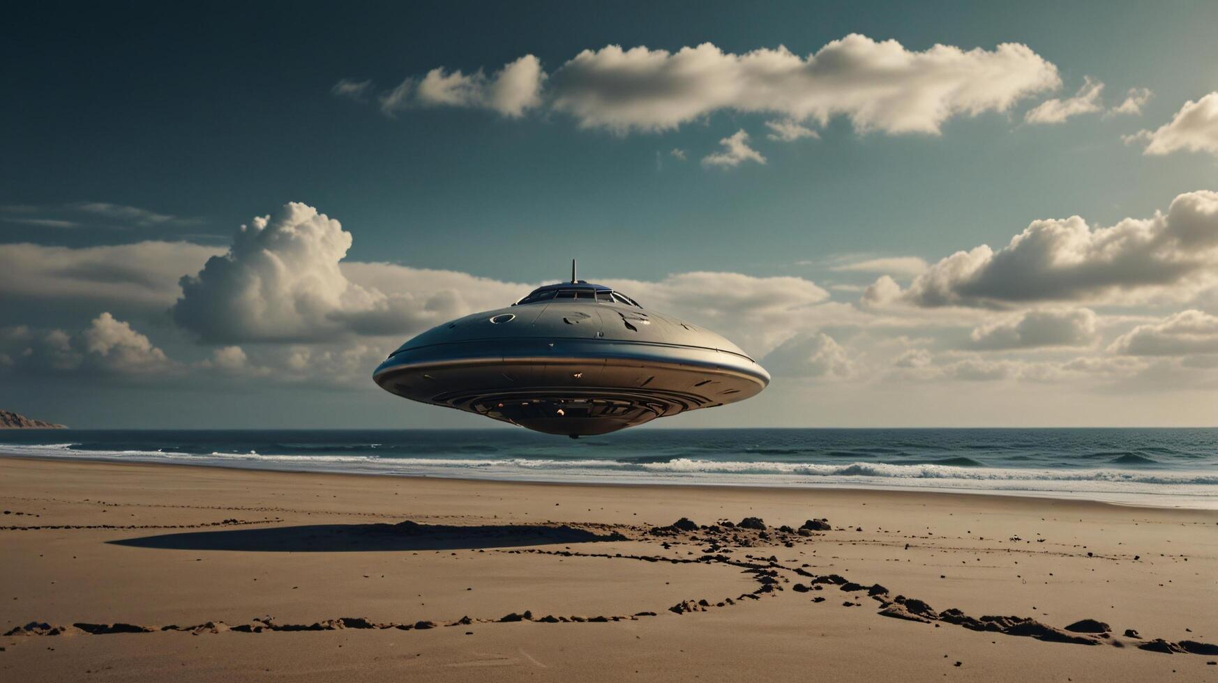 an alien spaceship flying over the ocean photo