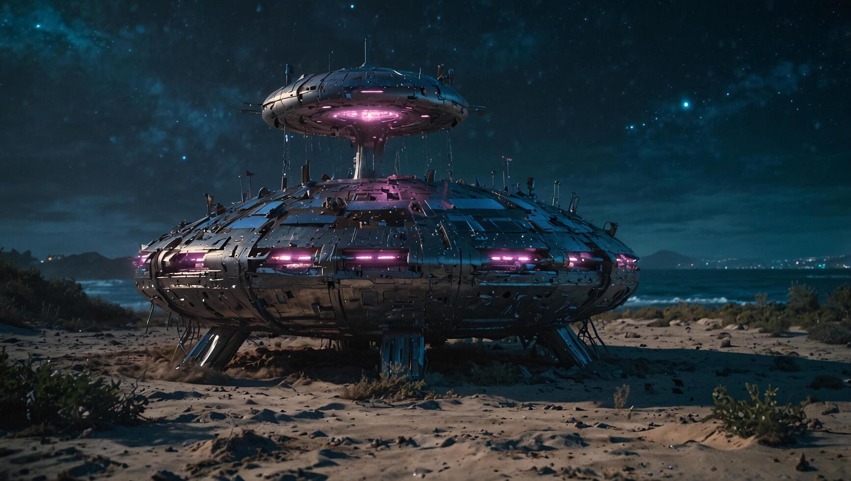 an alien spaceship sits on the beach at night photo
