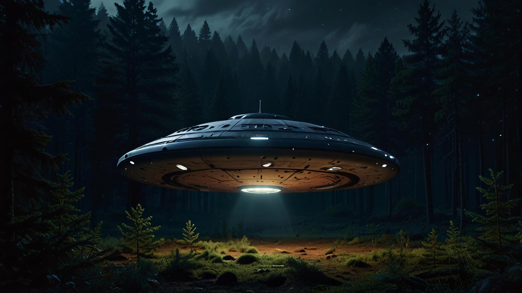 an alien spaceship flying over a forest photo