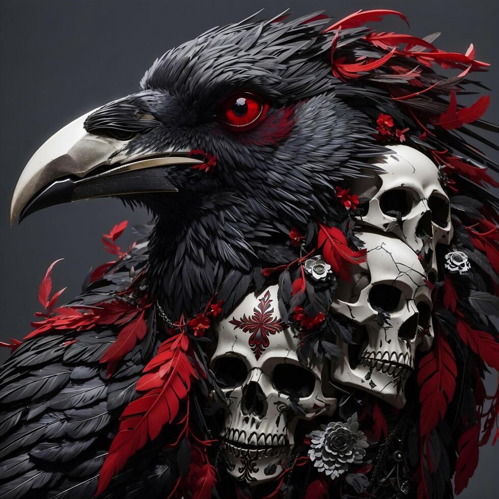 a raven with skulls on its head photo