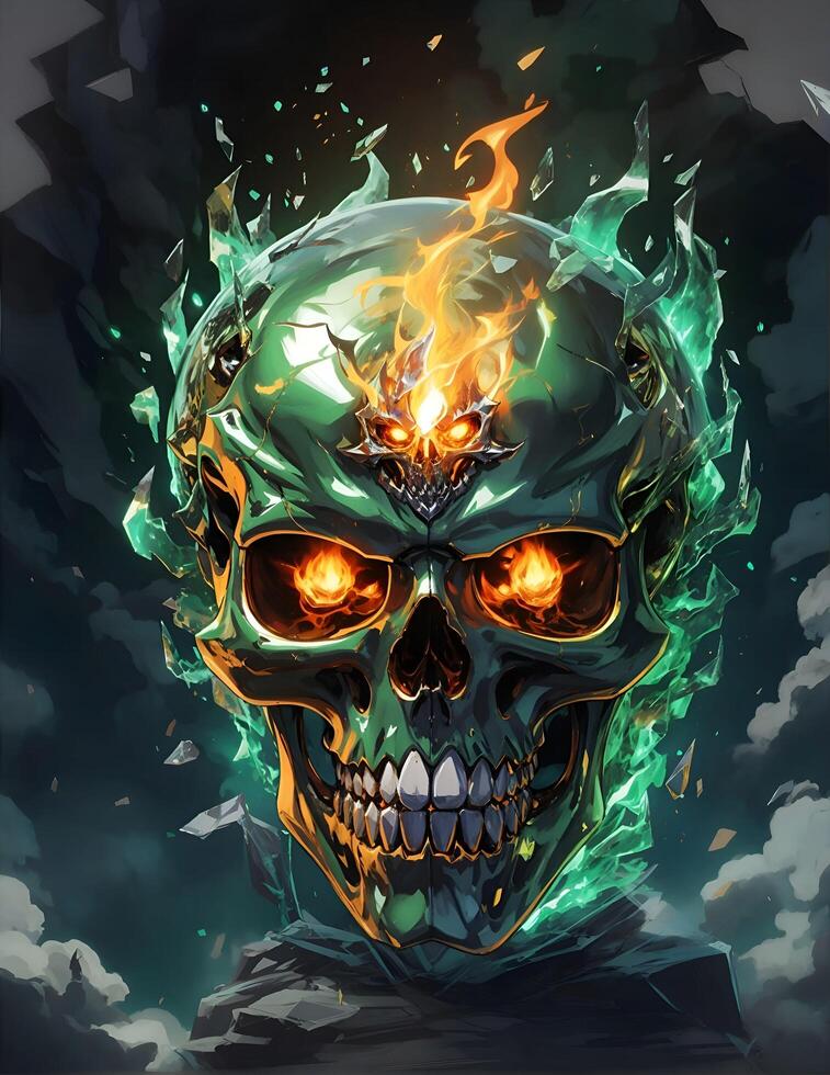 a skull with glowing eyes and fire coming out of it photo