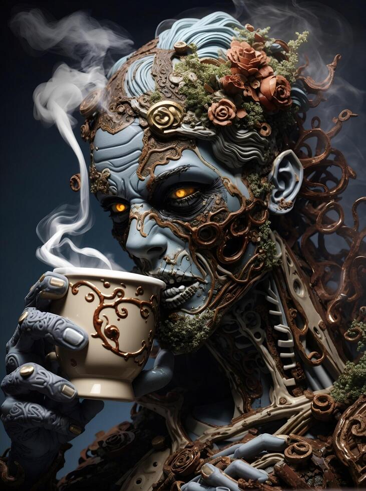 a zombie with a coffee cup in his hand photo