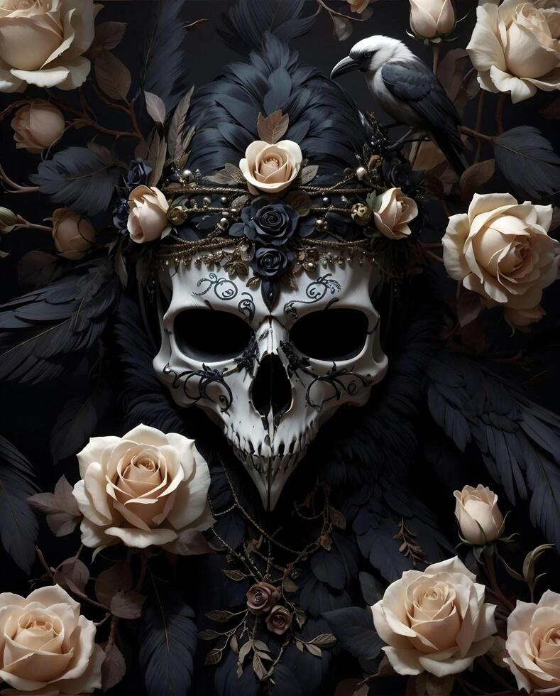 skull with roses and birds on it photo