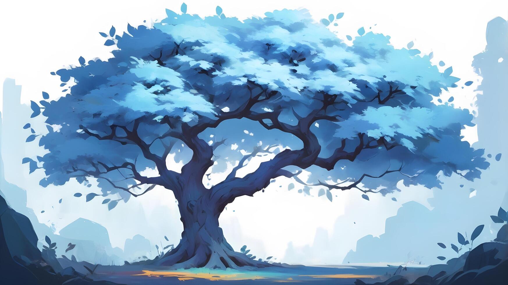 digital painting of a big tree with blue leaves photo