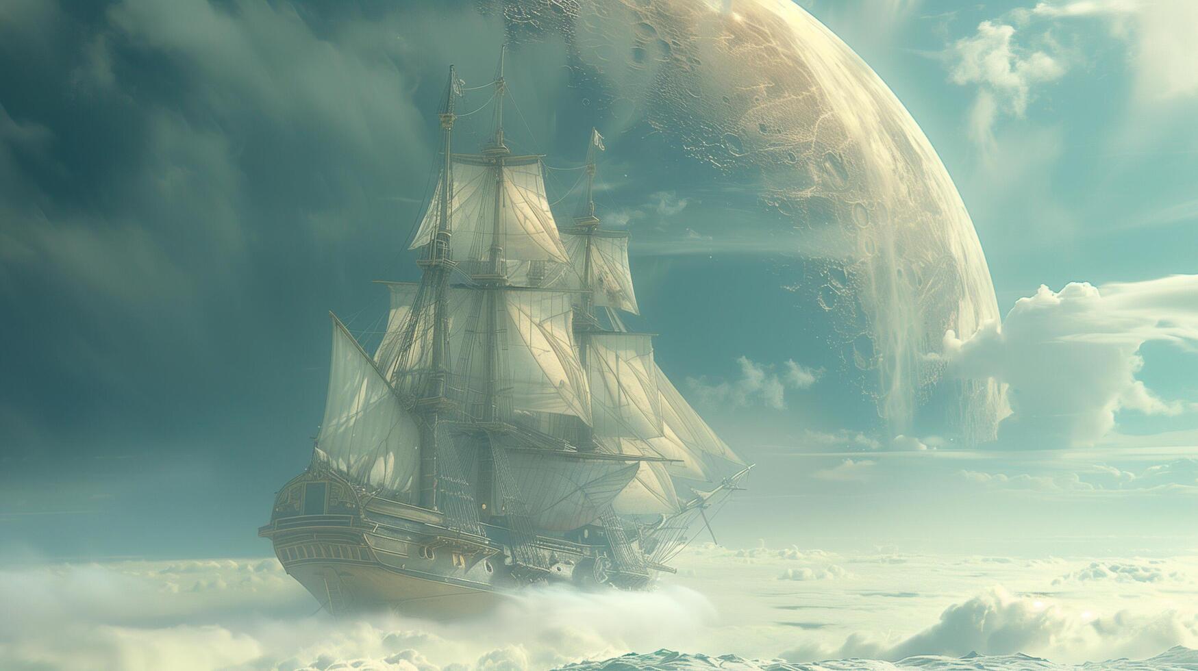 An old ship in the ocean with a planet in the background photo