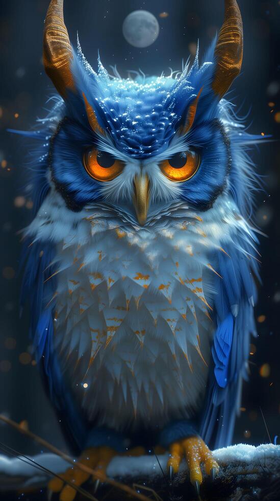 an owl with orange eyes and horns on its head photo