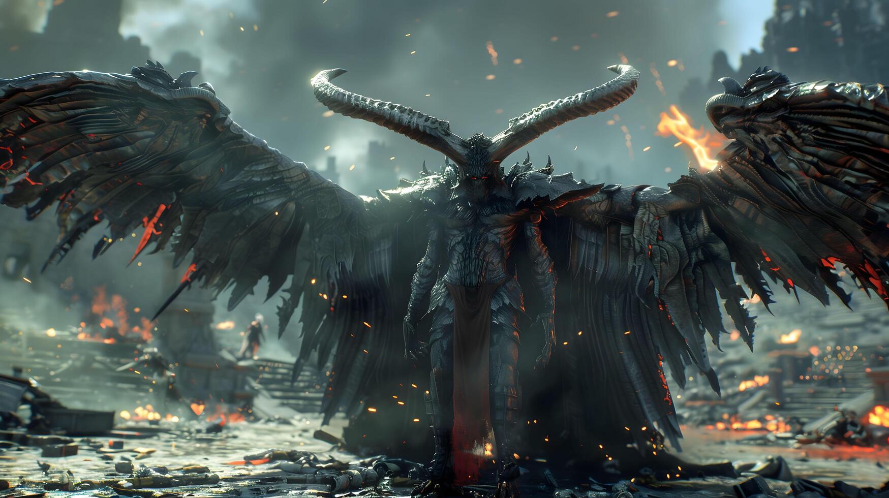 the devil is standing in front of a burning building photo
