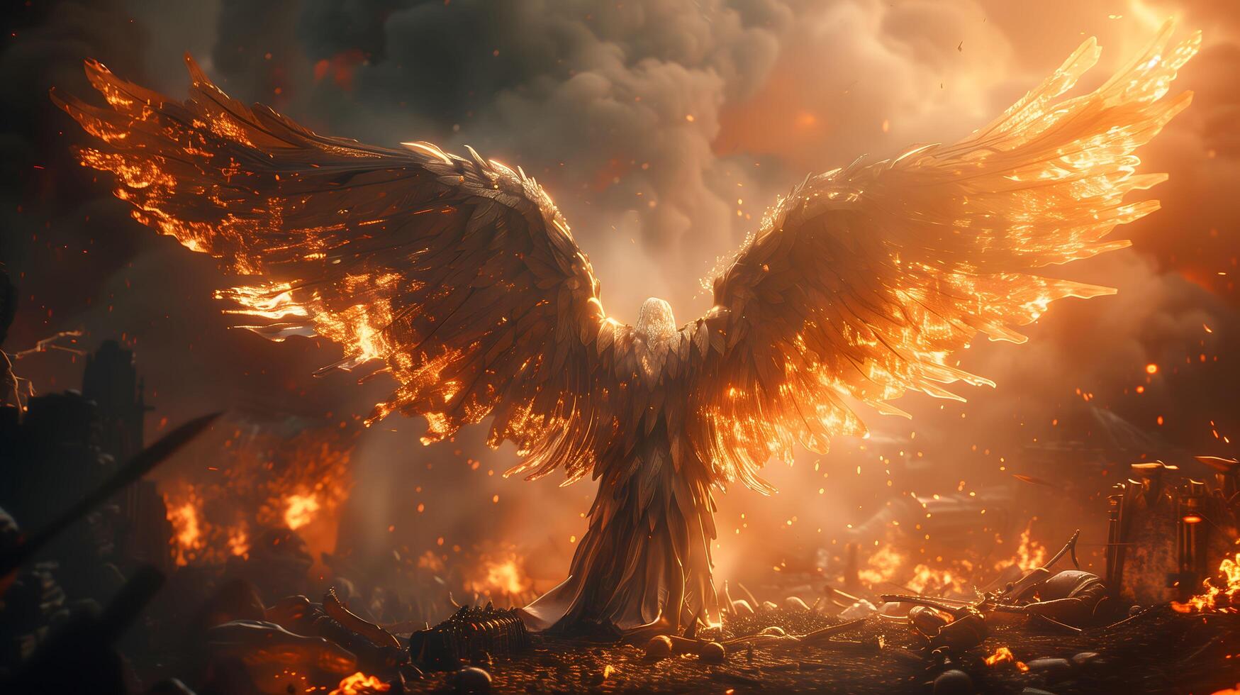 an angel with wings is standing in front of a fire photo