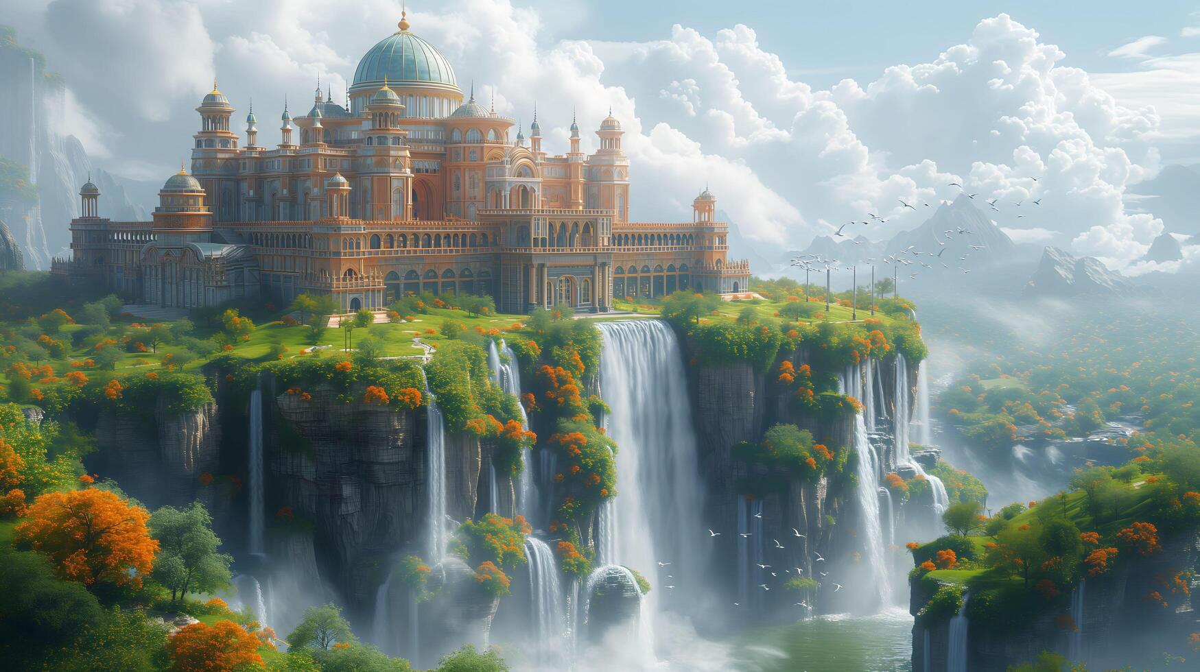 a castle on top of a waterfall with a waterfall photo