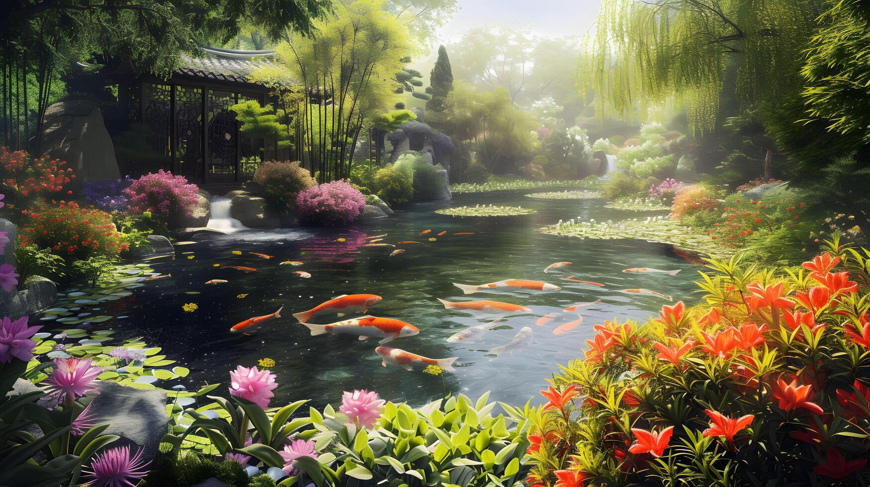 A pond with fish and flowers in the background photo
