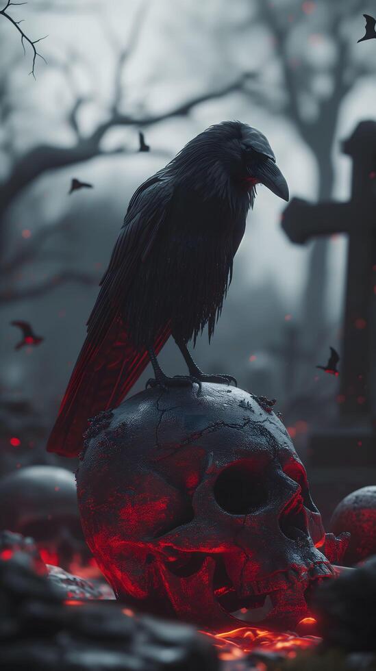 A raven sits on top of a skull in a graveyard photo