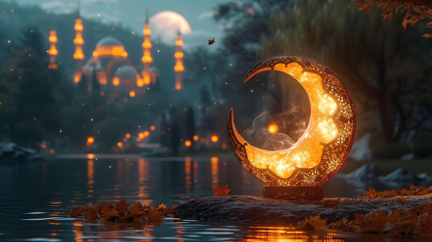 A crescent moon is lit up by the moon in front of a lake photo