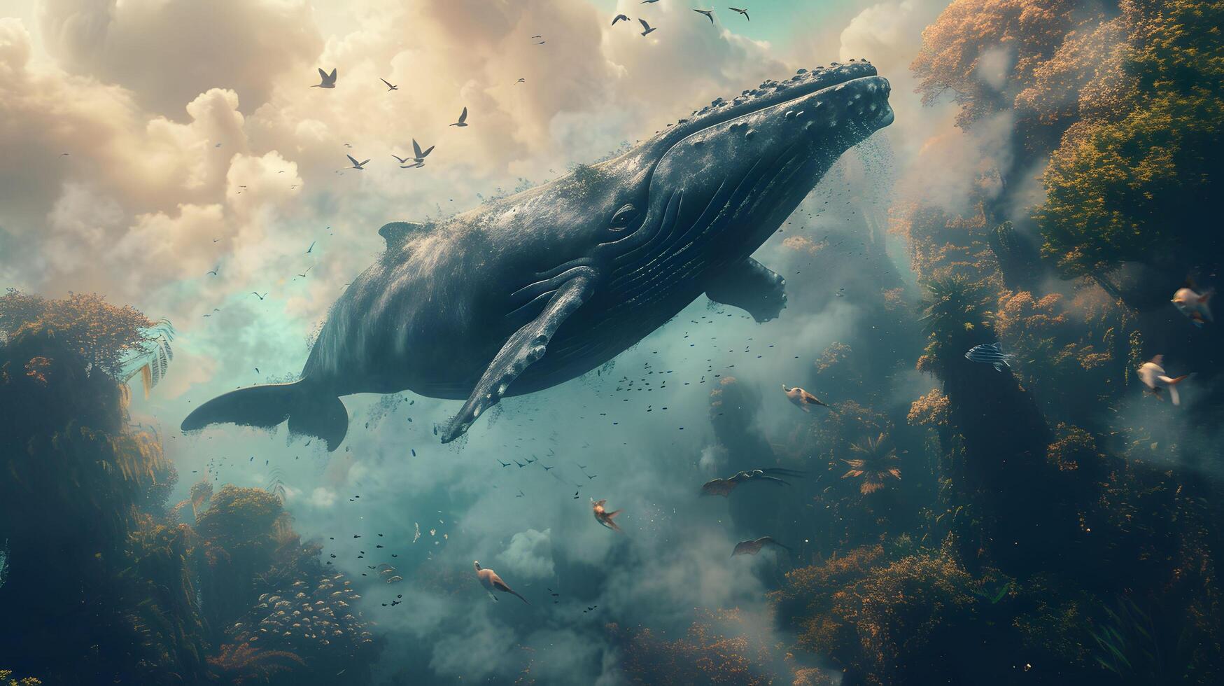 A whale is swimming in the ocean with fish photo