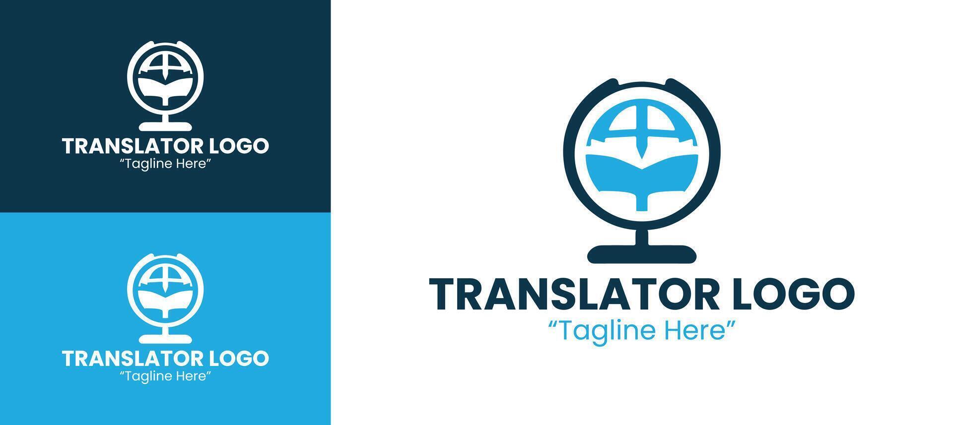 Professional Translator Logo in Blue Tones with Book Inside Globe for Language Learning Services vector