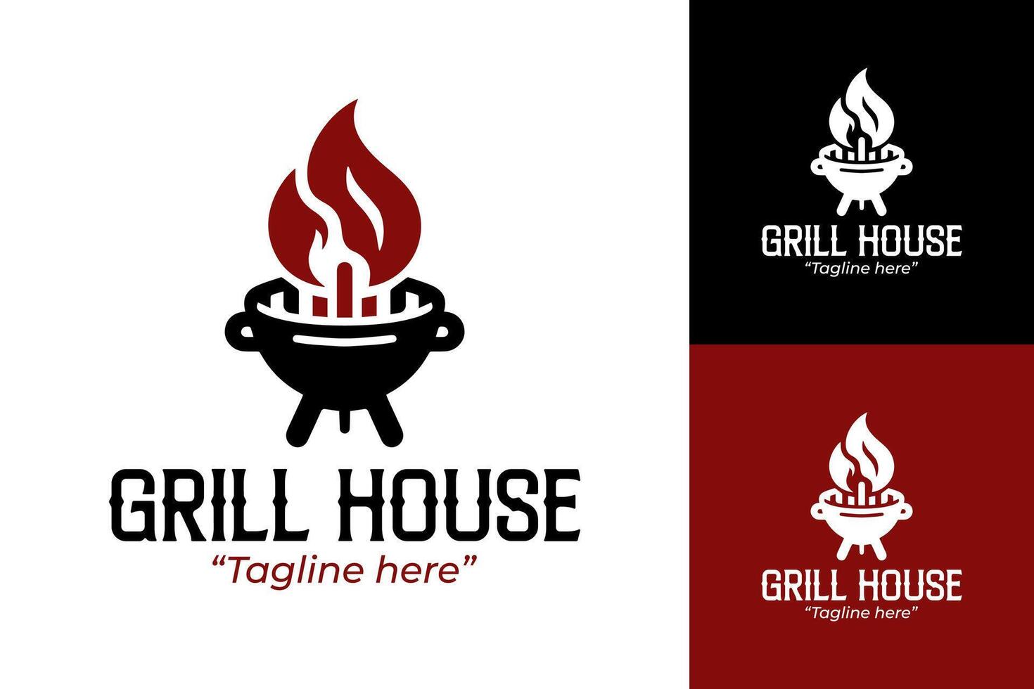 Premium Grill House Logo Design with Fire and Black and Red Colors for Branding vector