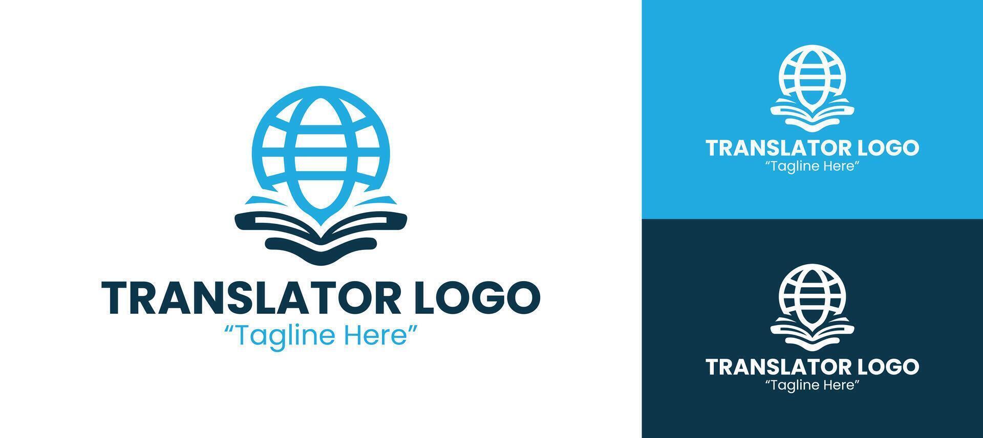Modern Blue Translator Logo with Globe and Open Book Icon for Language and Education Services vector