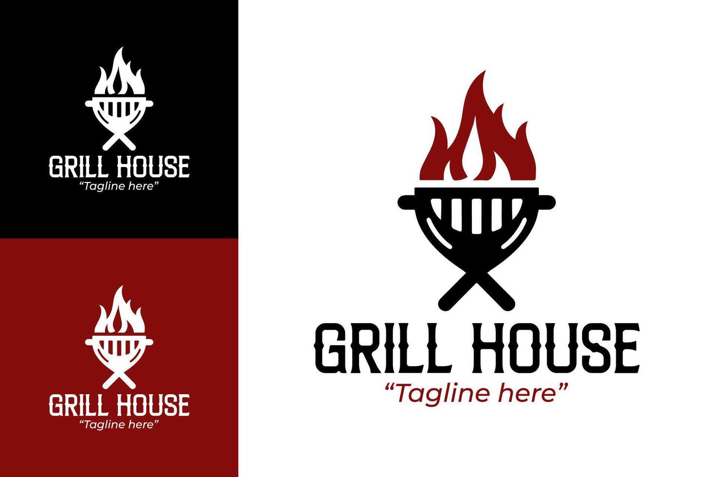 Modern Grill House Logo Design with Flame Icon and Red and Black Color Scheme vector