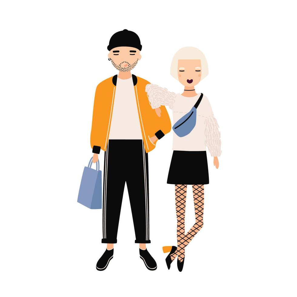 Hipster boy and girl dressed in trendy clothes standing together. Modern boyfriend and girlfriend. Cartoon characters isolated on white background. Colorful illustration in flat style. vector