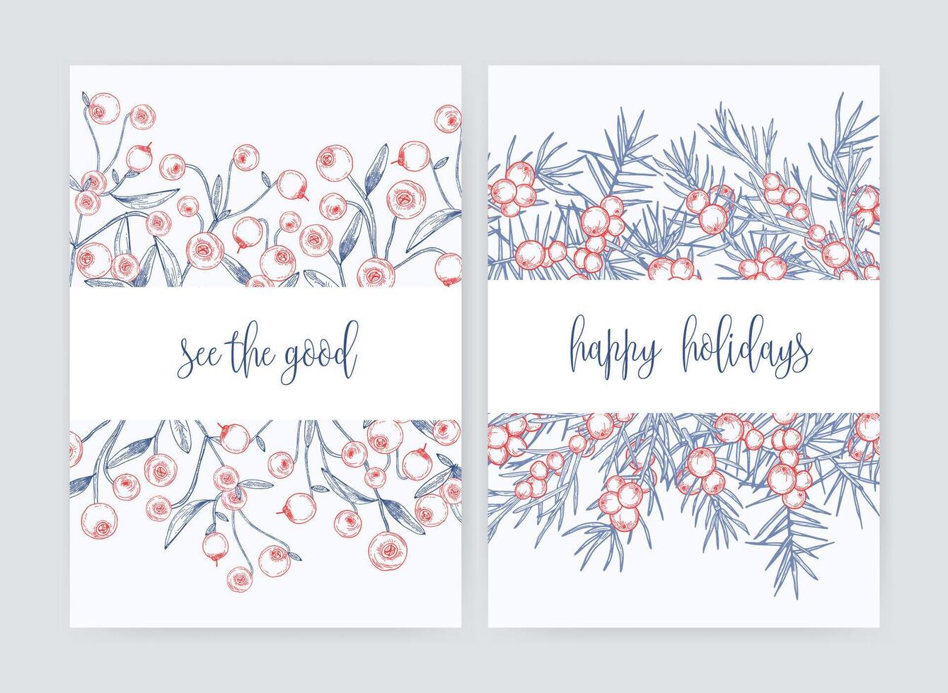 Bundle of flyer or postcard templates with forest cranberries and juniper branches with berries hand drawn with contour lines on white background and holiday wish. Monochrome illustration. vector