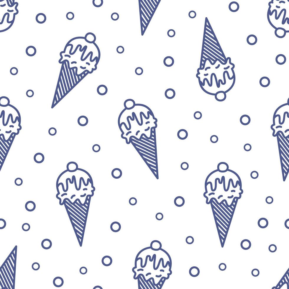 Modern seamless pattern with ice cream in wafer, waffle or sugar cone drawn with contour lines on white background. illustration in linear style for wrapping paper, fabric print, wallpaper. vector