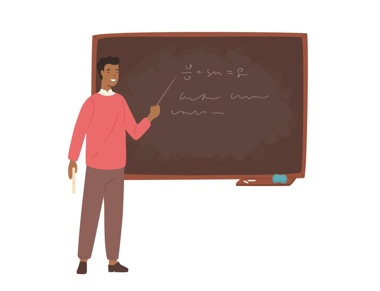 Enthusiastic African American male school teacher, college professor or lecturer standing beside chalkboard, holding pointer and explaining lesson. Colorful illustration in flat cartoon style. vector