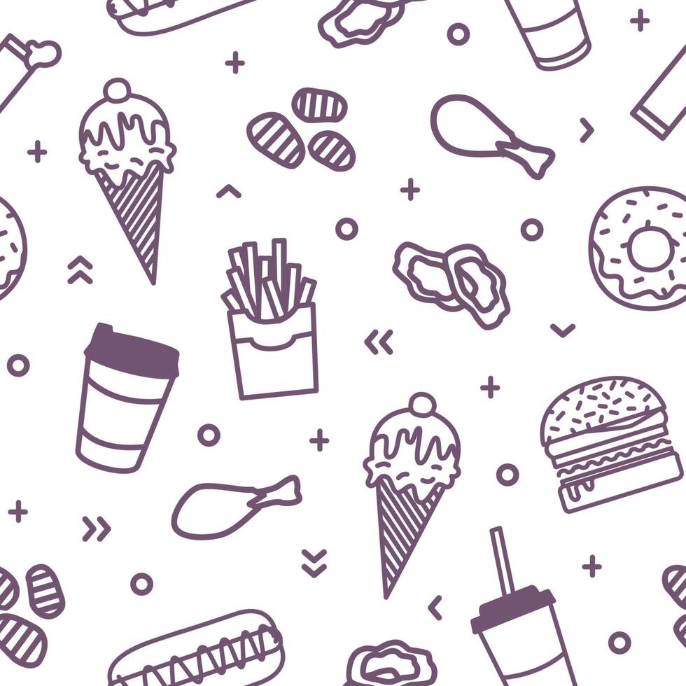 Seamless pattern with delicious fast food meals and snacks drawn with contour lines on white background. Monochrome illustration in linear style for wrapping paper, fabric print, wallpaper. vector