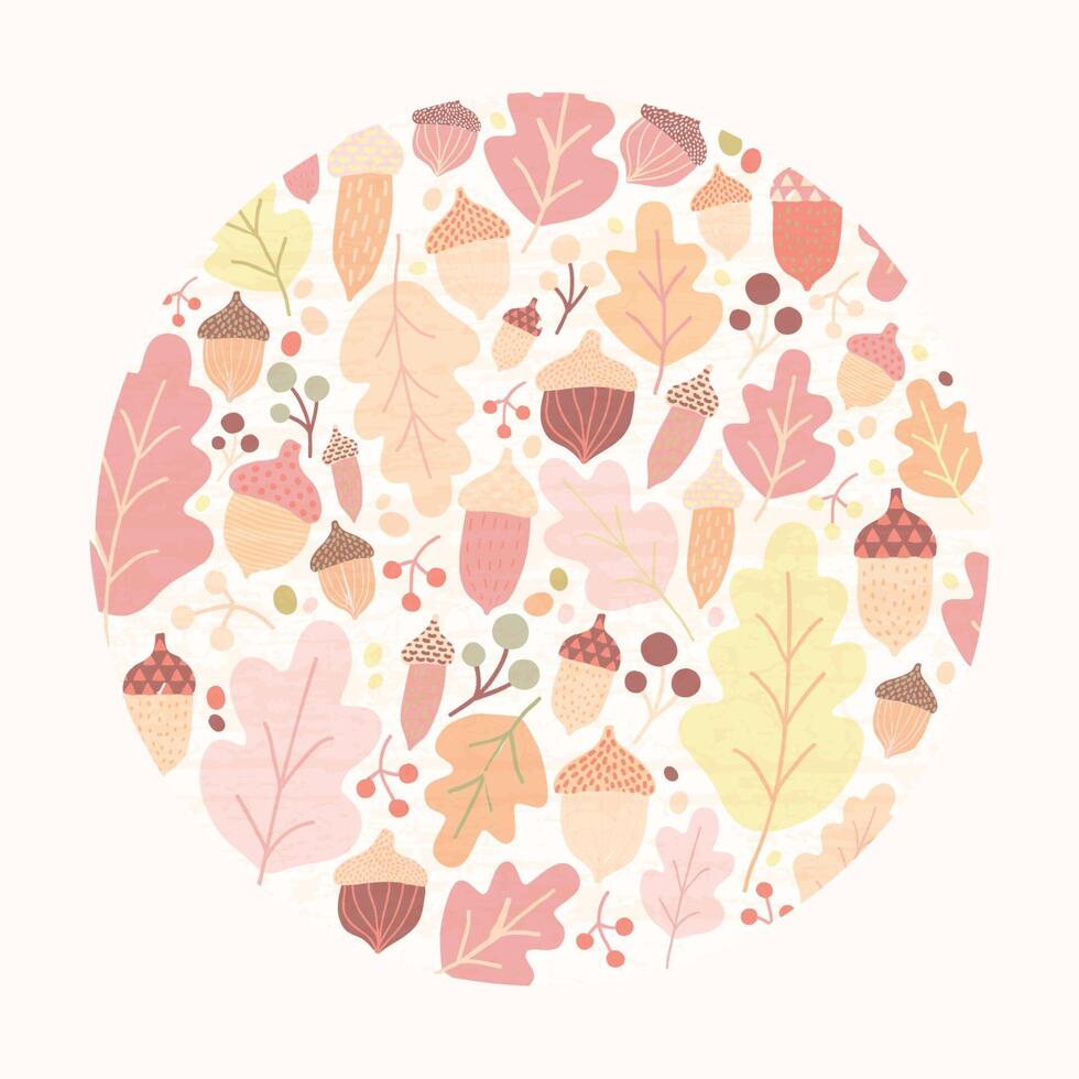 Circular autumn composition with fallen oak tree leaves, acorns and berries isolated on white background. Decorative design element. Colorful seasonal illustration in modern flat style. vector