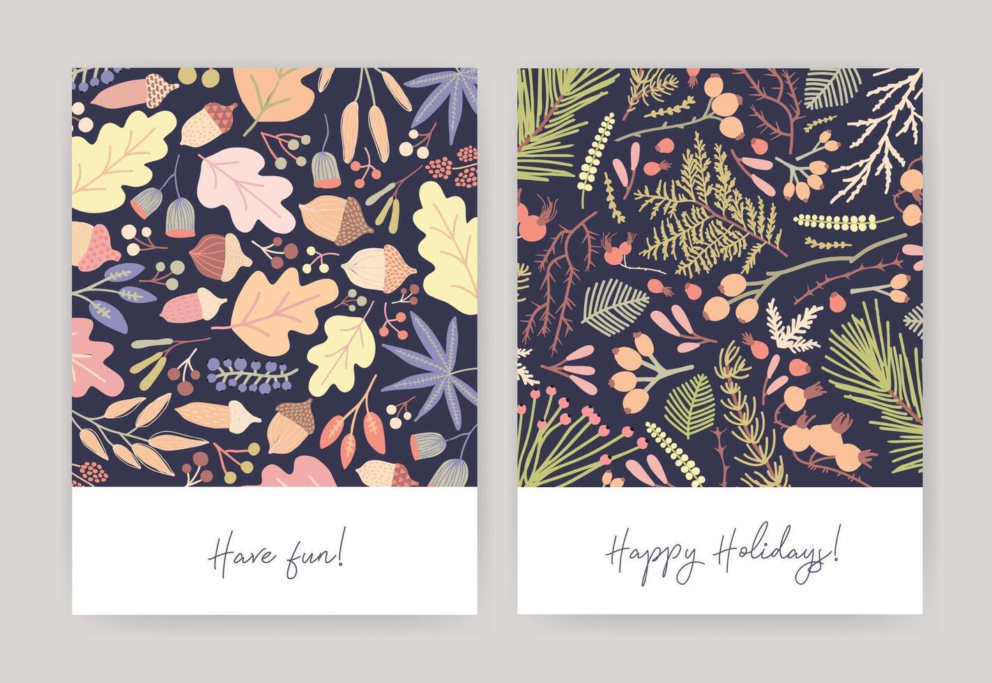 Bundle of seasonal card or postcard templates with autumn fallen leaves, acorns, coniferous tree branches, berries, fir needles on black background and holiday wishes. Colorful illustration. vector