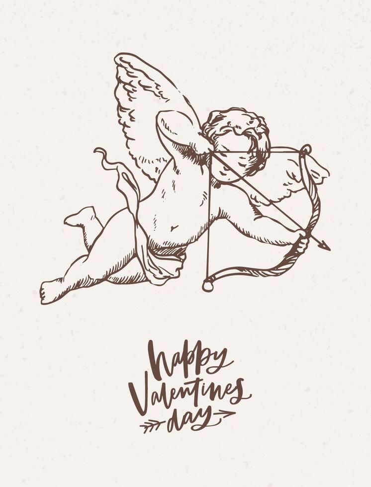 Greeting card, postcard, festive poster template with cute cupid holding bow and arrow and aiming or shooting hand drawn on light background. Monochrome illustration for Valentine's day. vector