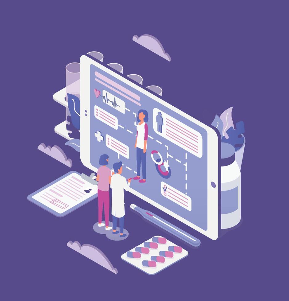 Woman and physician standing in front of giant tablet PC screen and looking through patient's health indicators. Online doctor, distance clinical analysis. Colored isometric illustration. vector