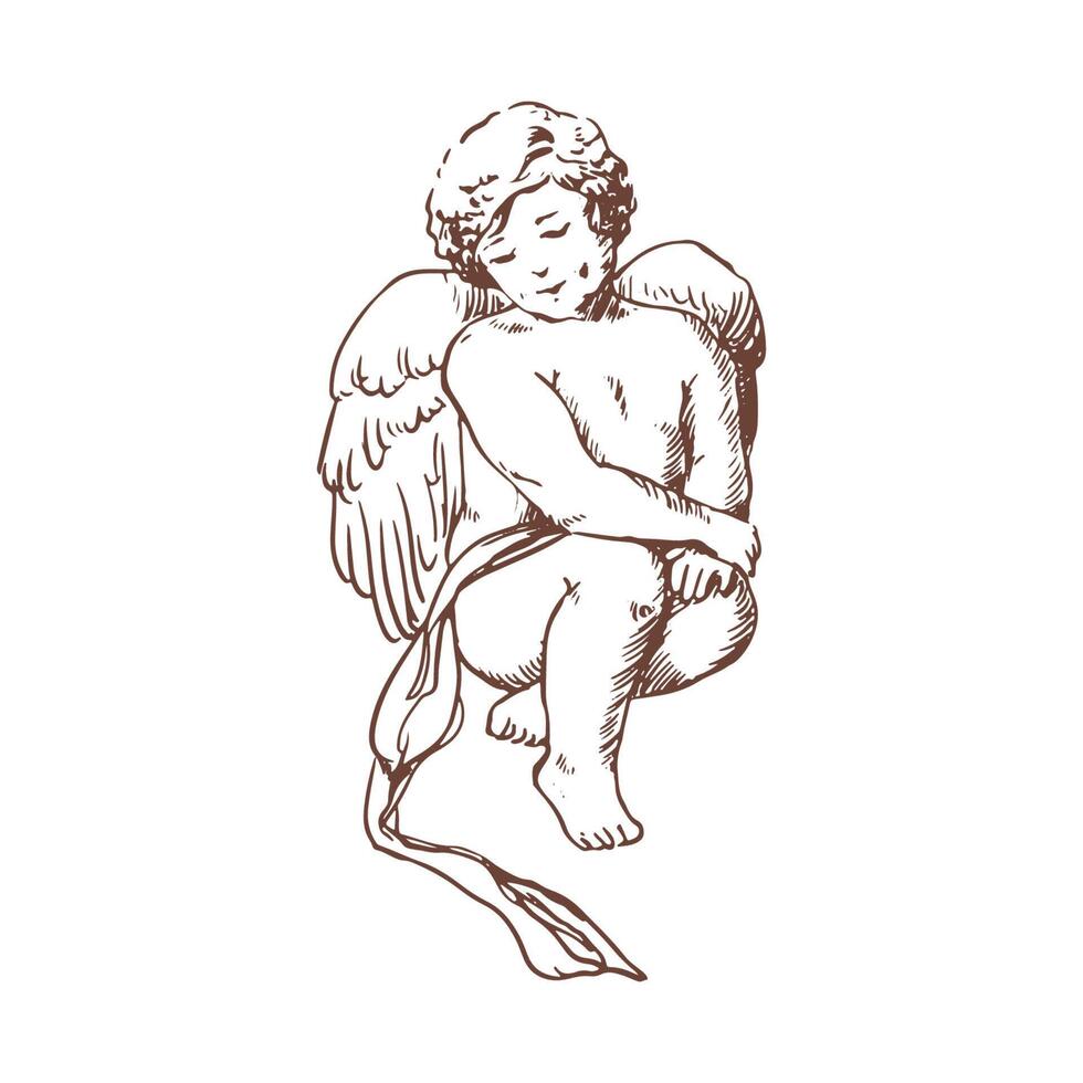 Elegant drawing of lovely sitting Cupid isolated on white background. Little angel, god or deity of romantic love, mythological character with wings. Hand drawn monochrome illustration. vector