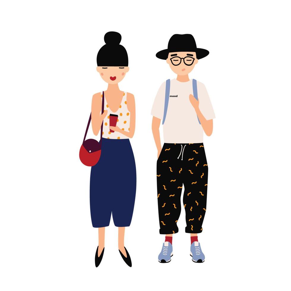 Funny hipster man and woman wearing stylish fancy clothing standing together. Fashionable young couple. Cartoon characters isolated on white background. Colorful illustration in flat style. vector