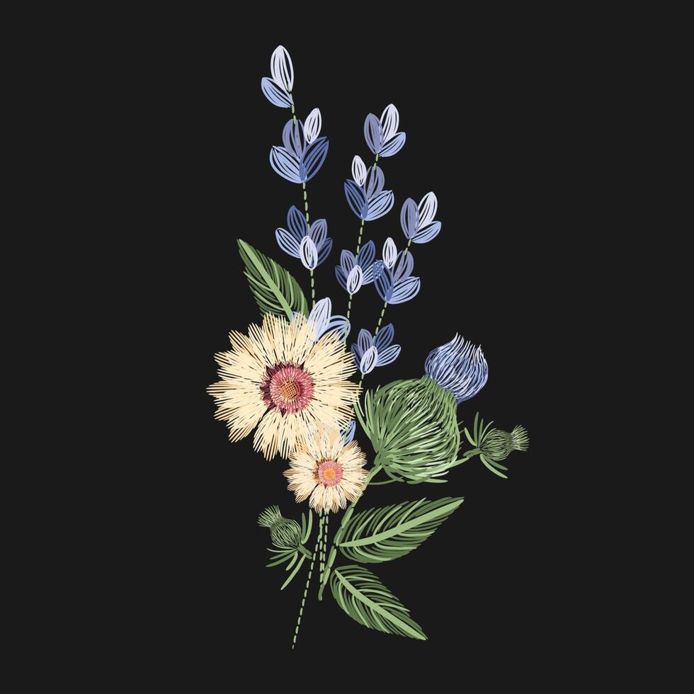Bouquet of wild flowers embroidered with colorful threads on black background. Embroidery design with herbaceous plants or flowering herbs. Trendy needlework or fancywork. Colored illustration. vector