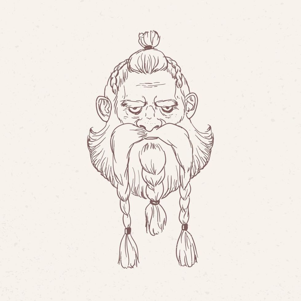 Portrait of angry Scandinavian warrior or berserker with braids hand drawn with outlines on light background. Head of god Odin, Beowulf or legendary Nordic hero. Monochrome illustration. vector
