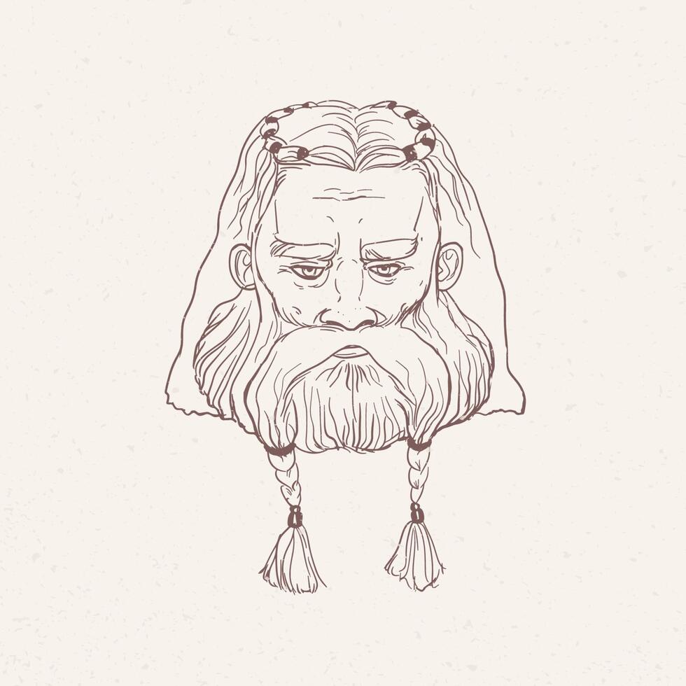 Head of Nordic warrior with beard braids hand drawn with contour lines on light background. Outline drawing of face of legendary hero, folkloric character, viking. Monochrome illustration. vector
