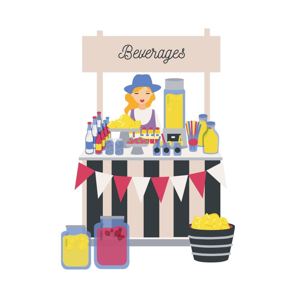 Female seller standing at counter, stall or kiosk with lemons, lemonade and other soft drinks. Girl selling refreshing beverages on local farmers market. illustration in flat cartoon style. vector