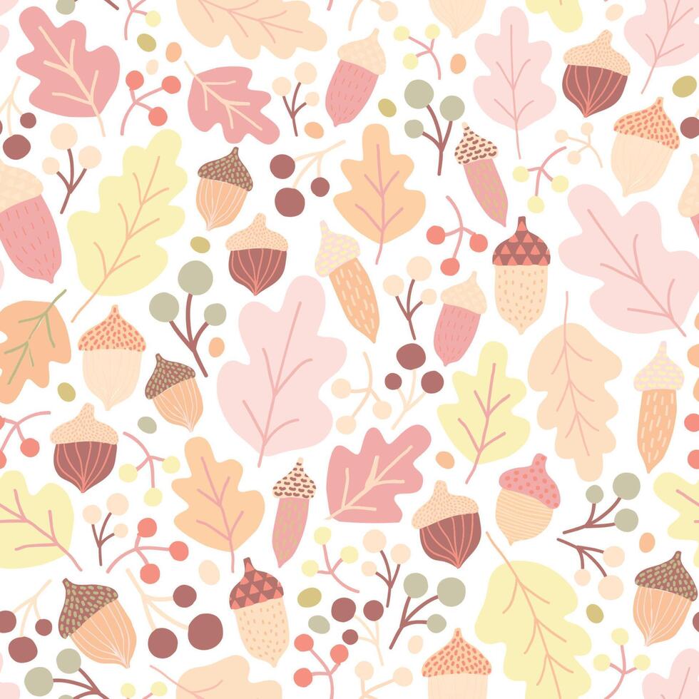 Autumn seamless pattern with fallen oak leaves, acorns, berries on white background. Seasonal backdrop. Colorful illustration in flat style for wrapping paper, textile print, wallpaper. vector