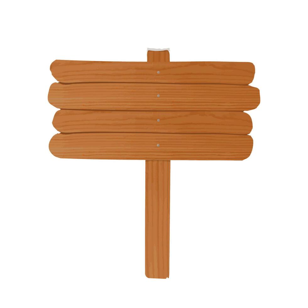 Simple empty wooden billboard made of rough planks and stick nailed together. Signpost or signboard isolated on white background. Cartoon decorative design element. Colored illustration. vector